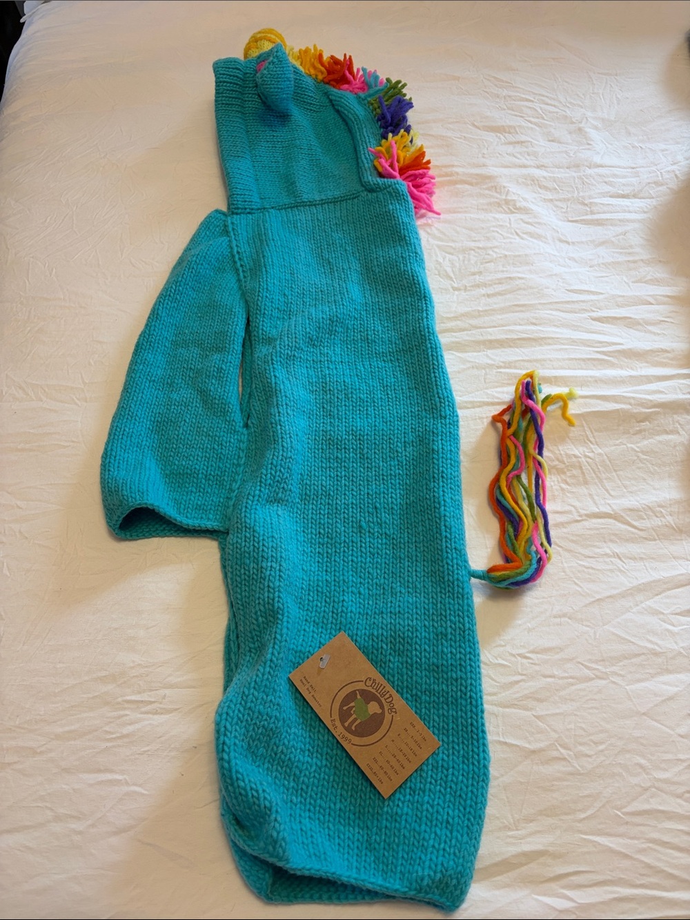 Dog XL Teal Unicorn Hooded Costume with Rainbow Mane Hand-Knit 100% Wool
